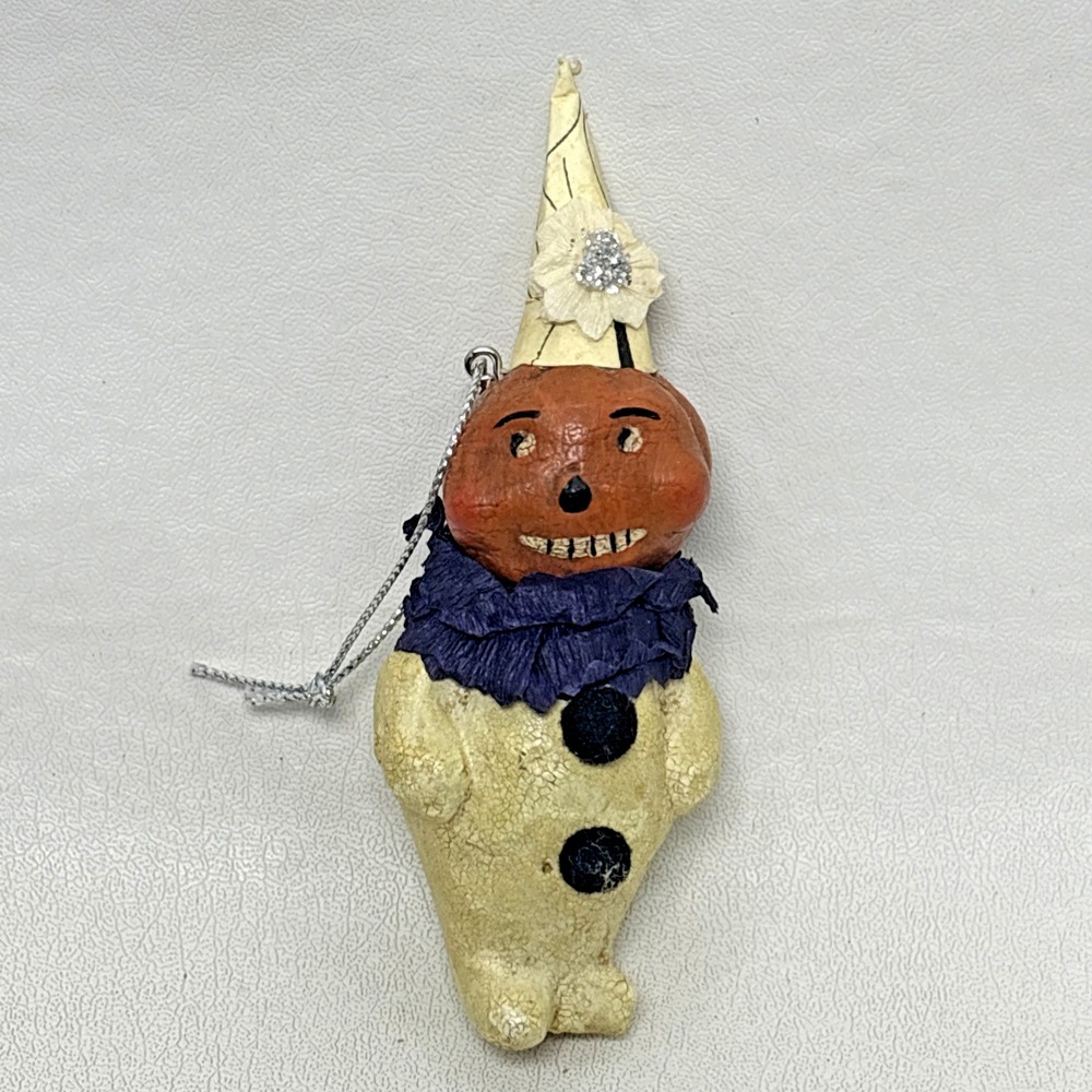 Vintage Rare Paper Mache Halloween Pumpkin Clown Ornament Figurine Creepy 80s